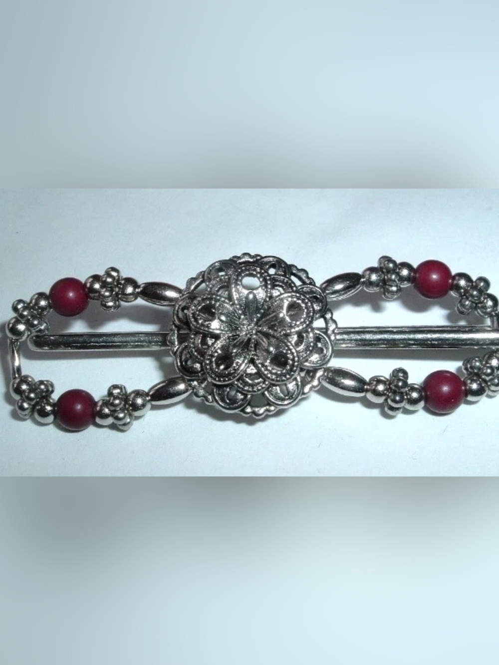 Lilla Rose Flower Art Deco Silver-Tone Metal Hair Clip Barrette Red Beads